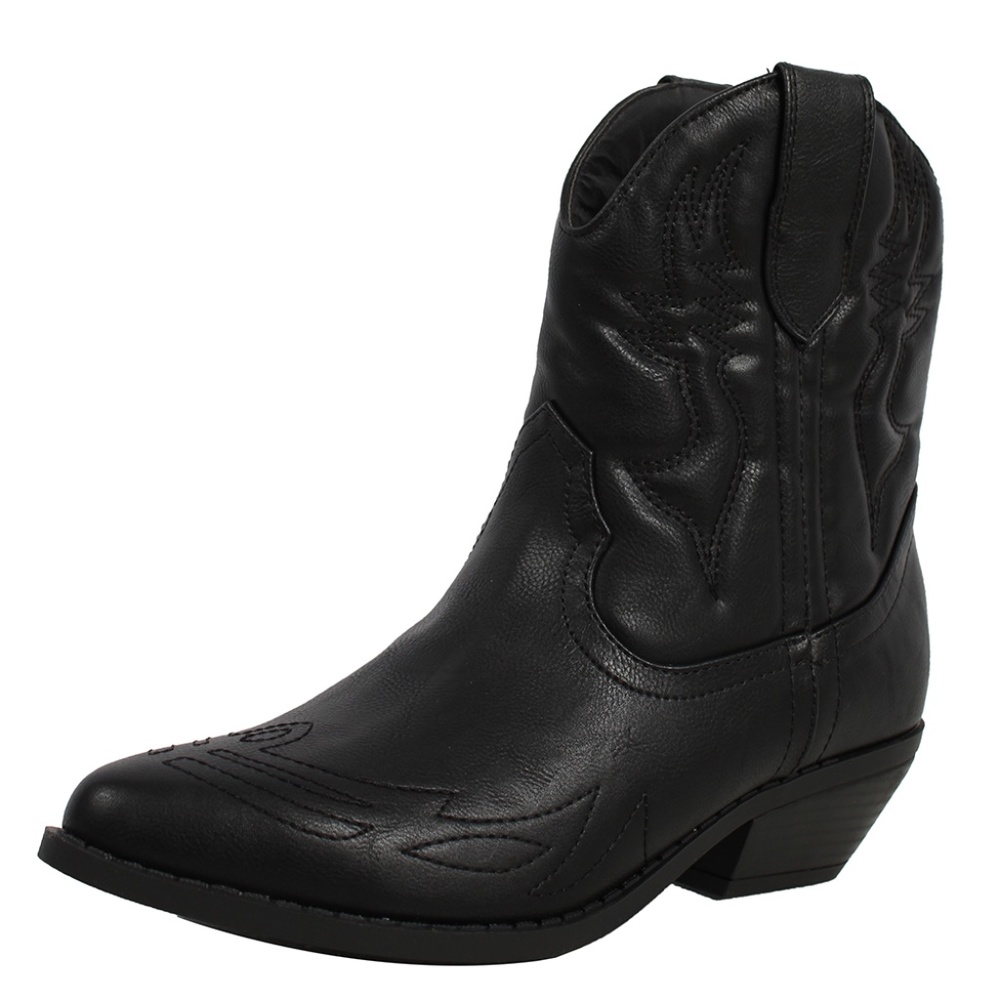 Black Faux Leather Stitching Cowboy Ankle Boots
